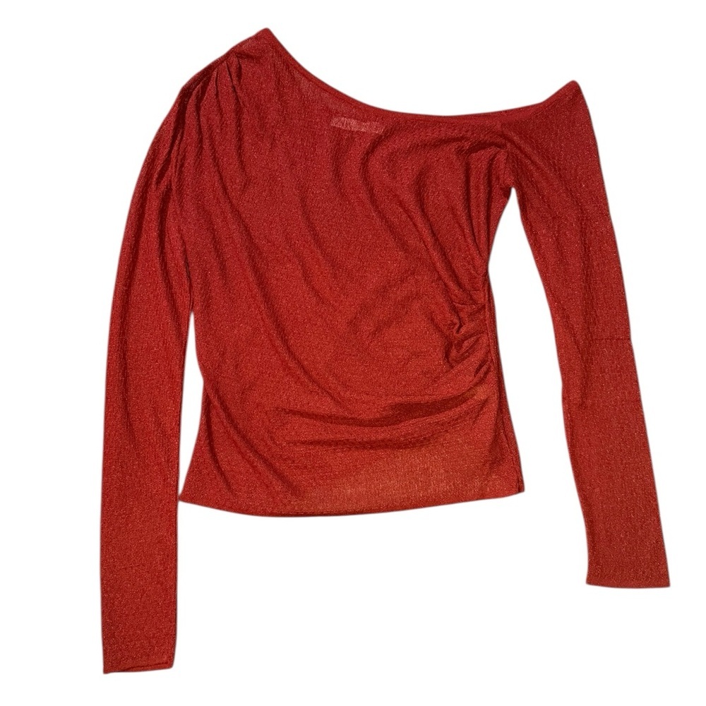 NWOT ZARA Large Rust Red One Shoulder Ruched Long Sleeve Lightweight Cocktail - Picture 2 of 13
